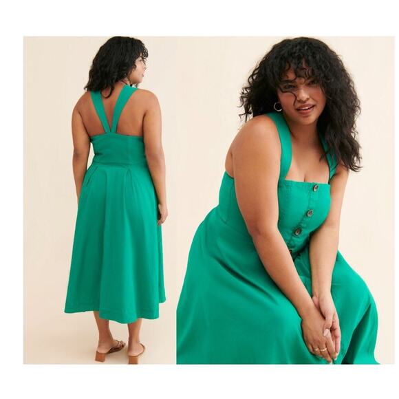 Antropologie Maeve Green Square-Neck Buttondown Dress Sleeveless Fit & Flare 22W - Picture 2 of 11